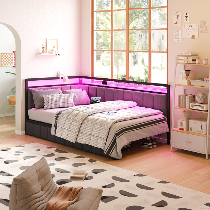 Corner Bed Frame Twin Size With Led Light And Charging Station Line Fabric Upholstered Twin Bed With 2 Underbed Storage Drawers Modern Daybed No Box